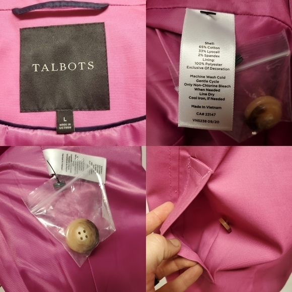 Talbots Contrast Detail All Weather Mac Fuschia Barbiecore Barbie Pink Peacoat L - Picture 9 of 10